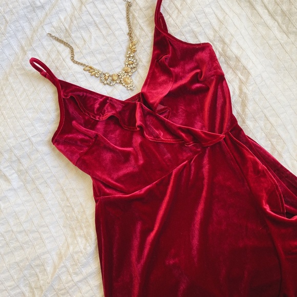 Red Velvet Ruffle Mini Dress - Picture 2 of 6